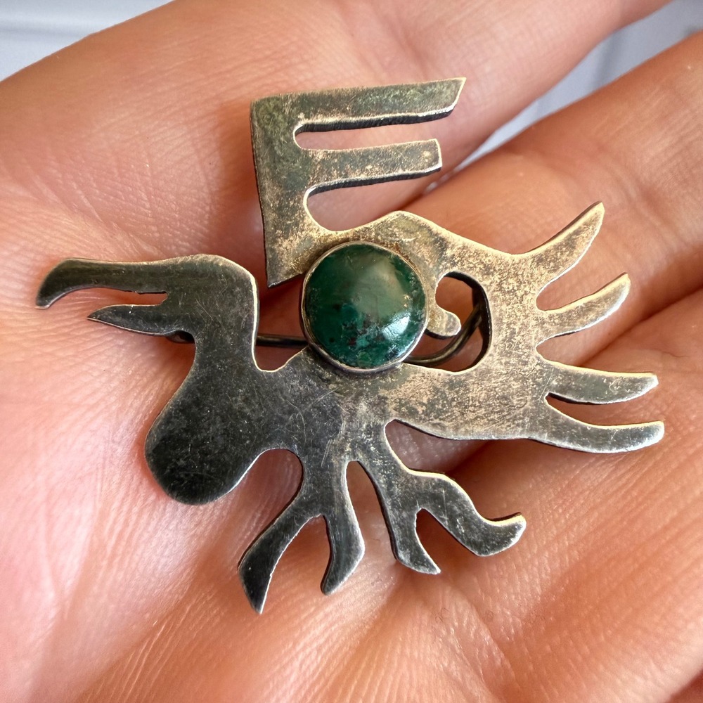Vintage Sterling Silver 925 Thunderbird Brooch Green Stone Southwestern Pin